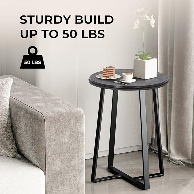 Round End Table, Small Side Table Black Color MDF Top, Metal Frame Black - Image 6