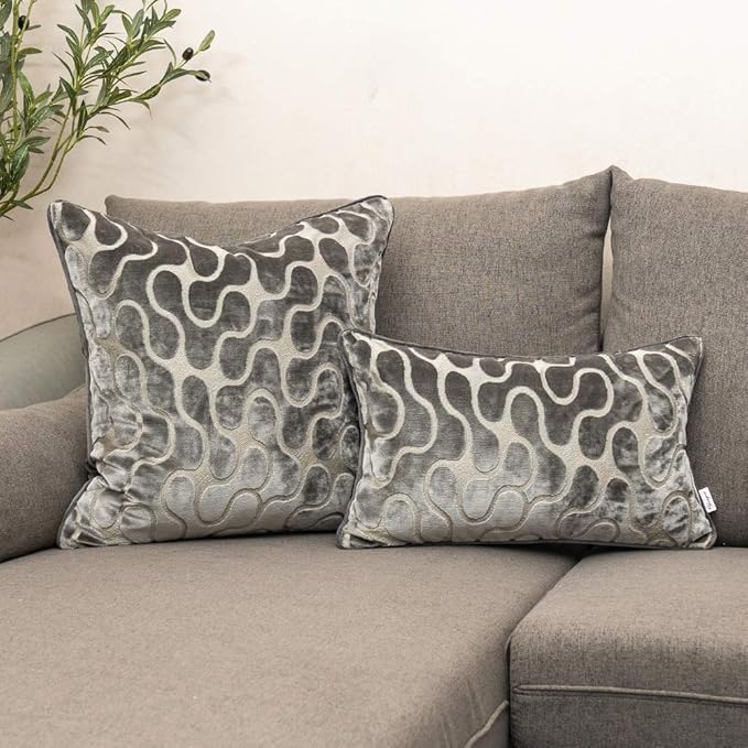 Yangest Silver Grey Square Throw Pillow Cover Wavy Velvet Cushion Cover Modern - Image 5