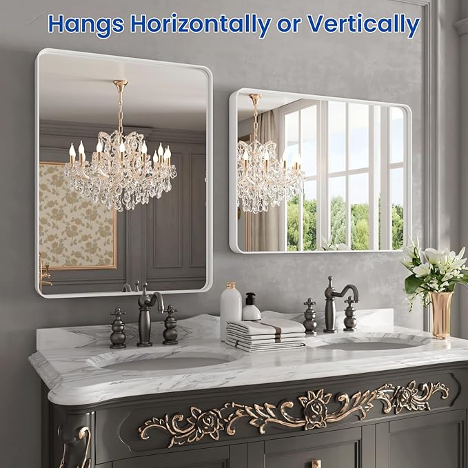 WEER White Bathroom Mirror 24X32 Inch, Rounded Rectangle White Metal Frame - Image 5