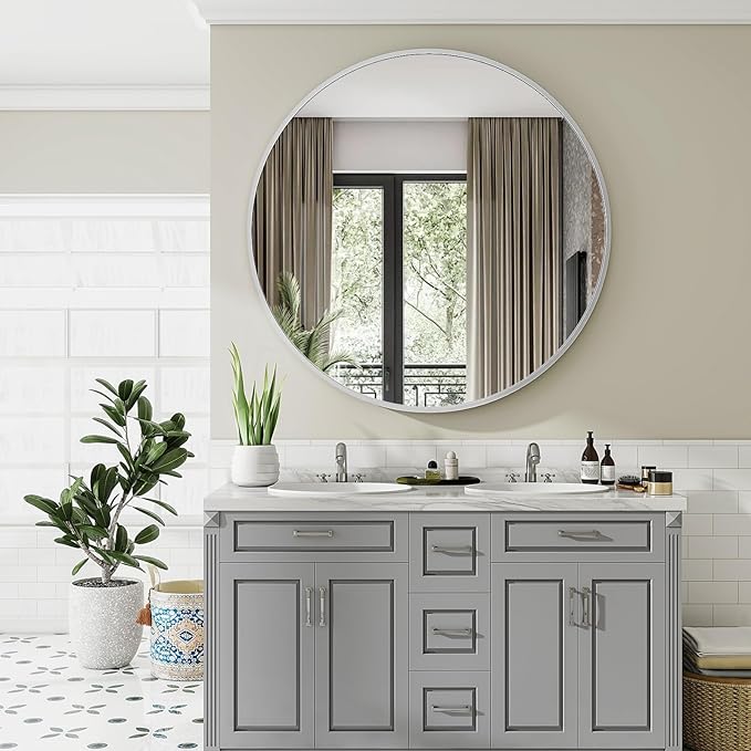 Silver Round Bathroom Mirror, 48 inch Large Circle Wall Mounted Hanging Mirror - Image 5