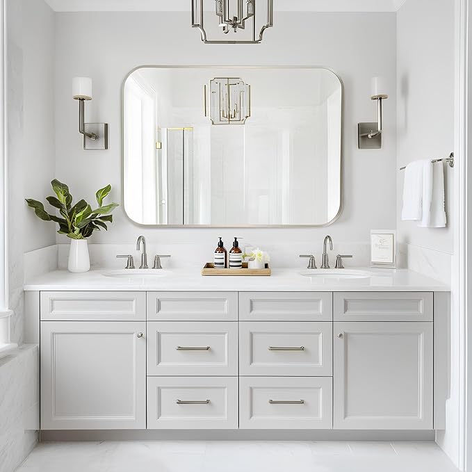 MZON 24x32Inch Brushed Nickel Bathroom Mirror, Rectangle Wall Mounted Mirror - Image 6