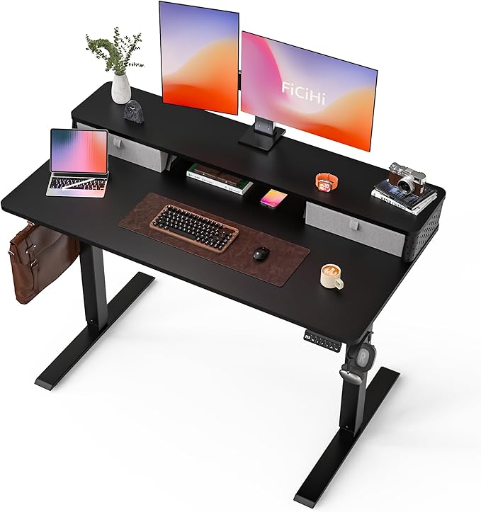 48x24 Inch Standing Desk with Double Drawers, C-Clamp Mount Compatible by FiCiHi
