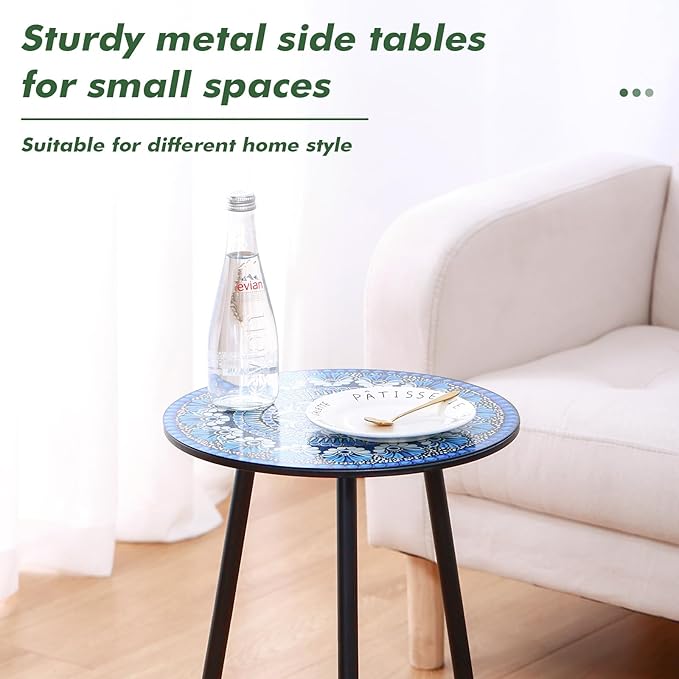 2 Packs Metal Mosaic Round Side Table 13.4" Small Outdoor Patio Round Accent - Image 4