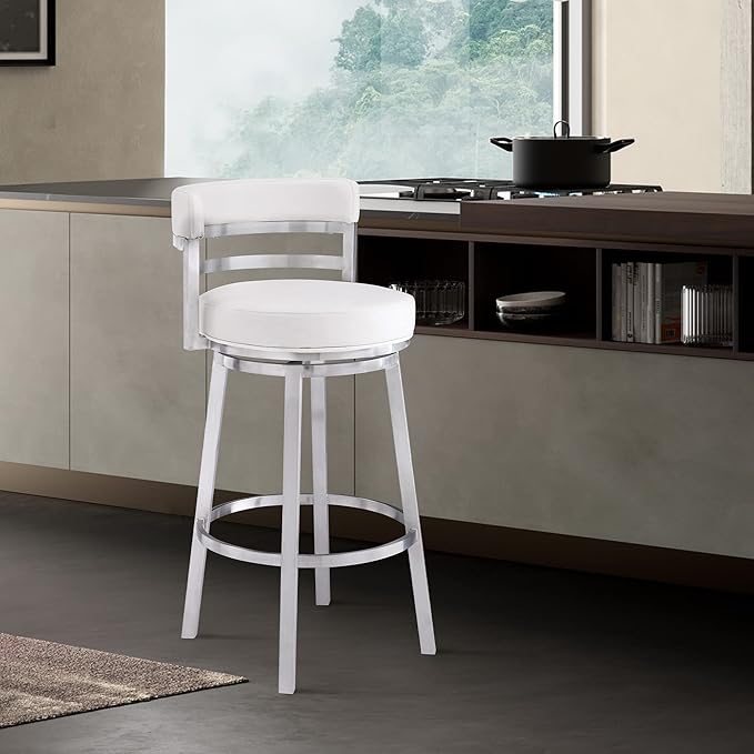 Armen Living Titana 26" Counter Height Swivel White Faux Leather and Brushed - Image 2