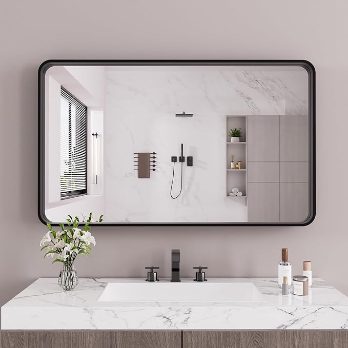 Black Bathroom Mirror 55X36 Inch, Rounded Rectangle Matte Bathroom Vanity Mirror by JISOSO