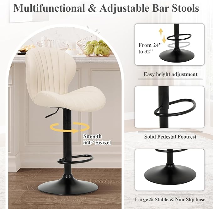 COLAMY Bar Stools Set of 2, Modern Swivel Bar Chairs, Adjustable Faux Leather - Image 4
