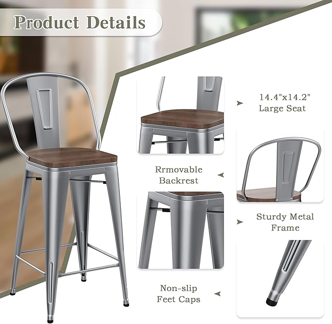 Yongqiang 30 inch Bar Stools Set of 4 Farmhouse Bar Height Stools High Back - Image 6