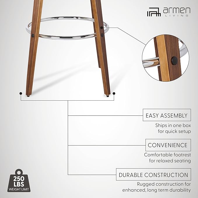 Armen Living Sonia 30" Bar Height Swivel Gray Faux Leather and Walnut Wood Bar - Image 5