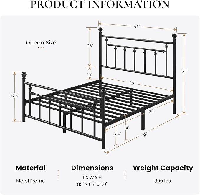 SHA CERLIN 14'' Full Size Metal Platform Bed Frame/Victorian Headboard and - Image 2
