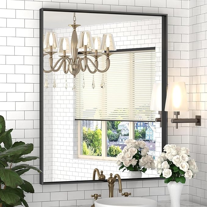 Brushed Metal Thick Frame Bathroom Mirror 24 x 30 Inch Metal Frame Black by DENRICK