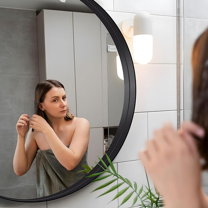 Black Round Mirror 42 inch Deep Frame Circle Mirror, Metal Frame Round Bathroom - Image 6