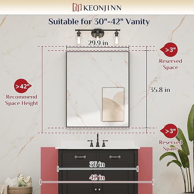 Keonjinn 30 x 36 Inch Brushed Bronze Bathroom Mirror, Metal Framed Rectangular - Image 5