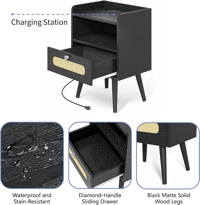 End Table Set of 2 with Charging Station, Diamond Décor Nightstands Set of 2 - Image 5