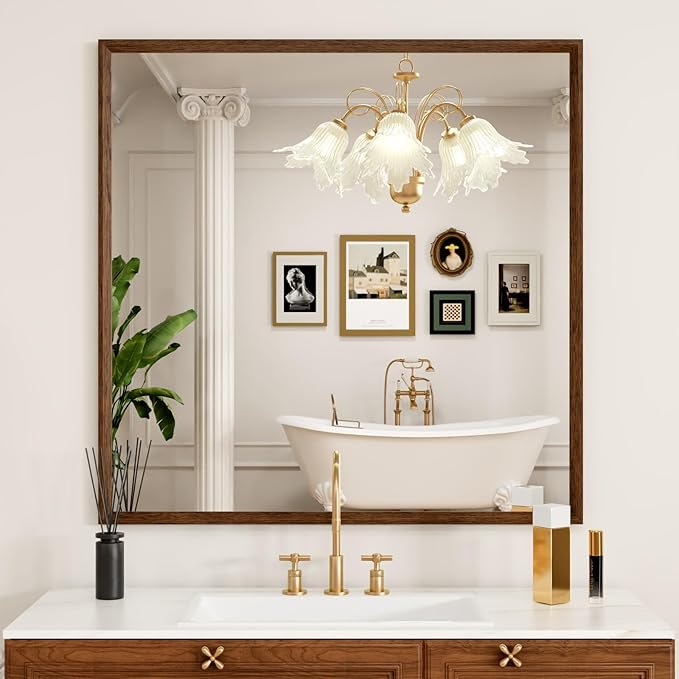 Rectangle Bathroom Mirror 40x36 Inch, Walnut Wood Grain Framed, Anti-Rust & 4mm - Image 2