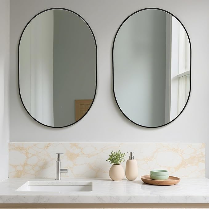 Oval Bathroom Mirror 24x36 Inch, Pill-Shaped Black Framed Wood Wall Mirrors - Image 5