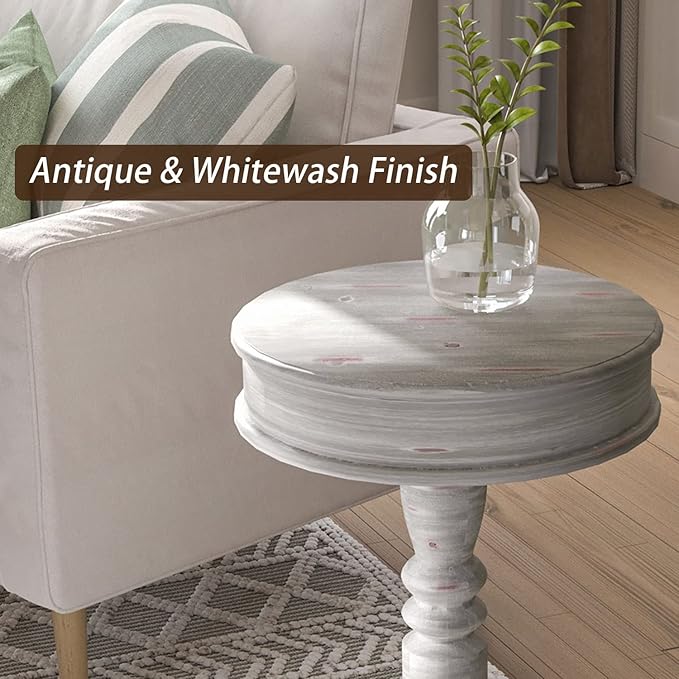 COSIEST Set of 2 Rustic Accent Side Table, Farmhouse Wood Pedestal Table Round - Image 6