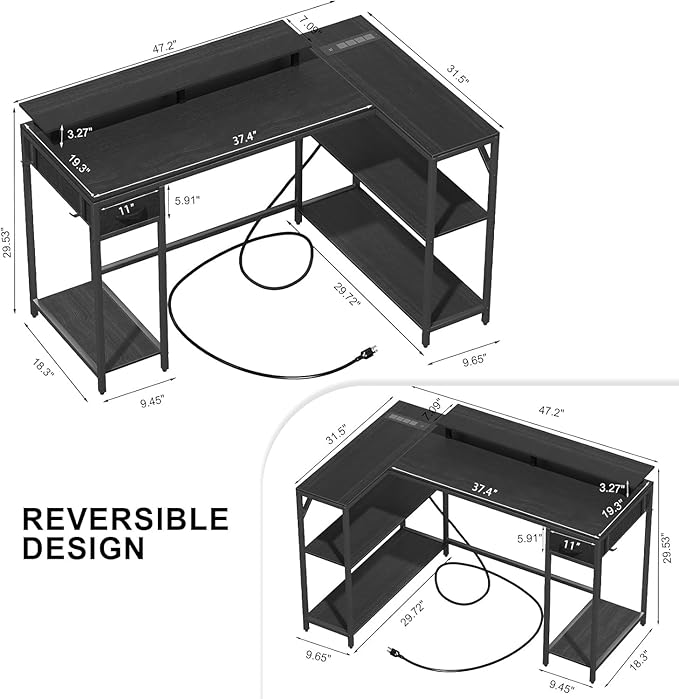 47 inch Gaming Desk with Power Outlet & LED Light, Reversible L Shaped Desk - Image 3