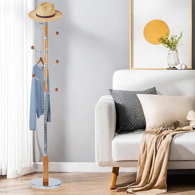 Coat Rack Freestanding, Metal Wooden Coat Tree - Image 6