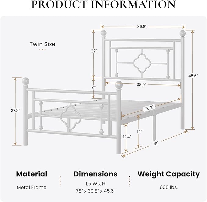 SHA CERLIN 14 Inches Twin Size Metal Platform Bed Frame/Vintage Iron-Art - Image 2