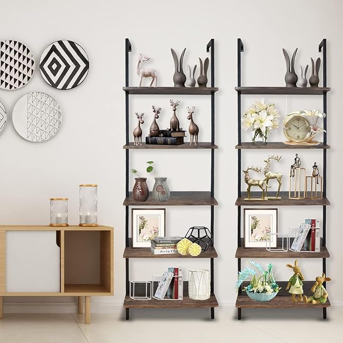 5 Tiers Ladder Shelf 2-Piece Black Modern Tall Bookshelf Open Large Tall Wall - Image 5