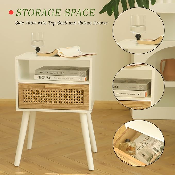 MaxSmeo White Nightstand with Drawer, Mid Century Modern Nightstand, Rattan - Image 6