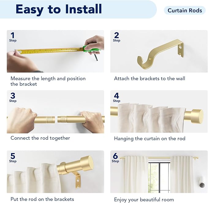 2 Pack Curtain Rods for Windows 28 to 48 Inch, 1 Inch Gold Curtain Rods Set - Image 7