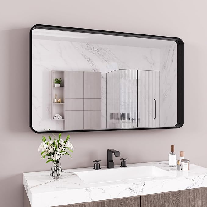 Black Bathroom Mirror 55X30 Inch, Rounded Rectangle Matte Bathroom Vanity Mirror - Image 2