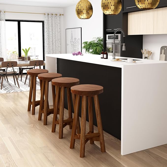Solid Teak Wood Barstool with Round Seat - Image 6