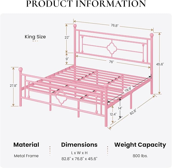 SHA CERLIN 14 Inches King Size Metal Platform Bed Frame/Vintage Iron-Art - Image 2
