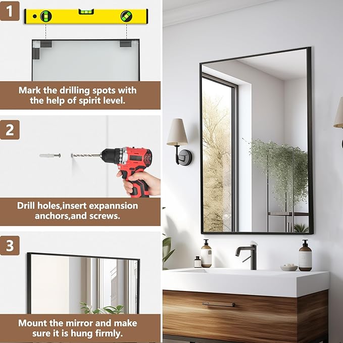 Black Bathroom Mirror, Matte Black Mirror, Metal Frame Square Corner Vanity - Image 6