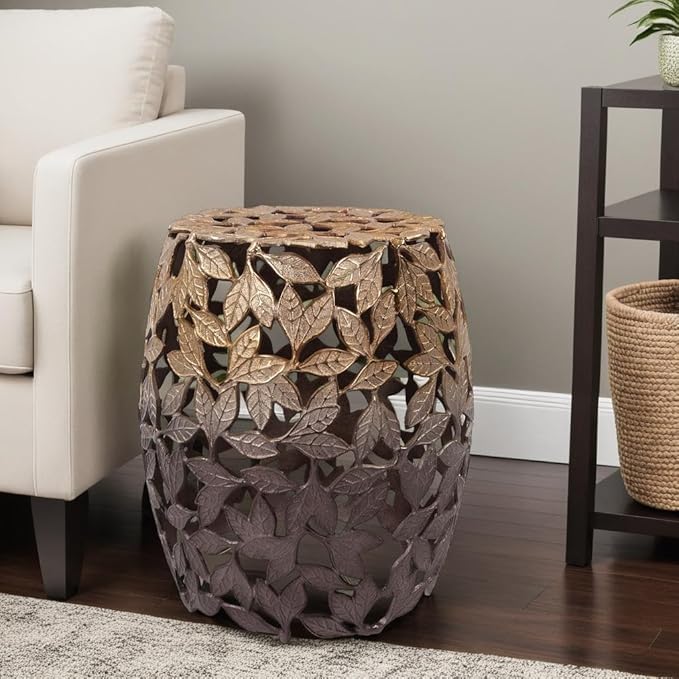 Howard Elliott Olive Leaf Round Side Table & Stool, Unique Bronze Finish Cast by HowardElliott