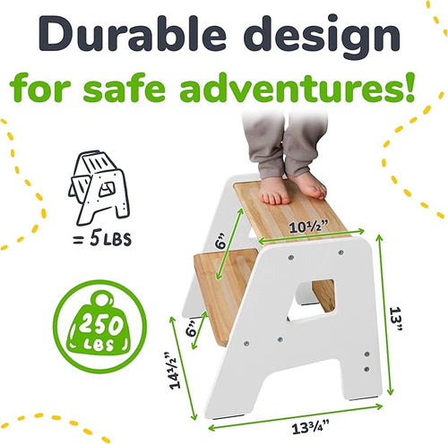 2-Step Wooden Step Stool for Toddlers | Kids Stool for Bathroom Sink & Kitchen - Image 2