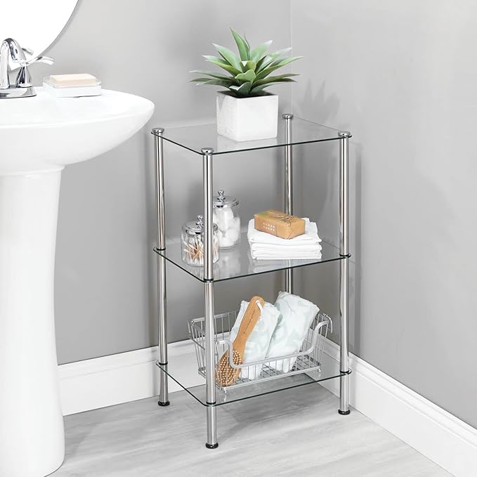 mDesign Metal/Glass 3-Tier Storage Tower, Narrow Shelving Display Unit - Image 4