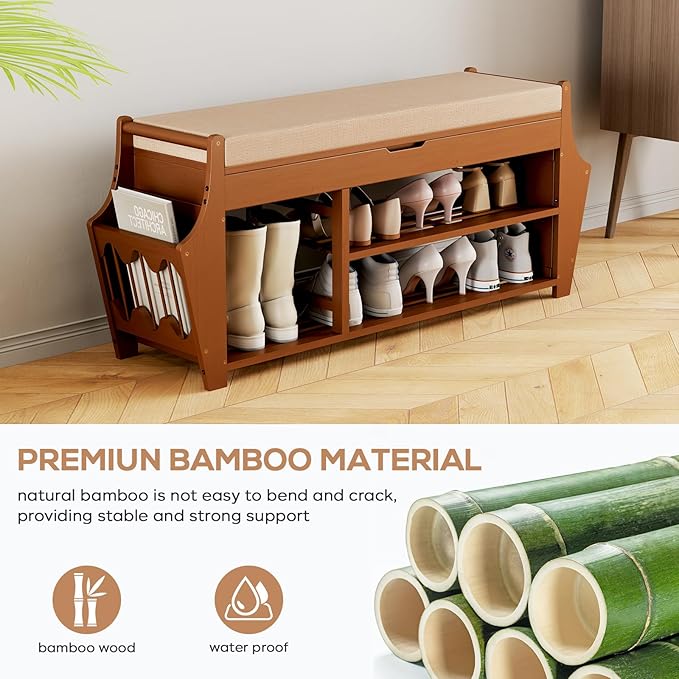 39.4in Shoe Bench with 2 Side Holder, 3 Tier Bamboo Entryway Bench with Storage - Image 3