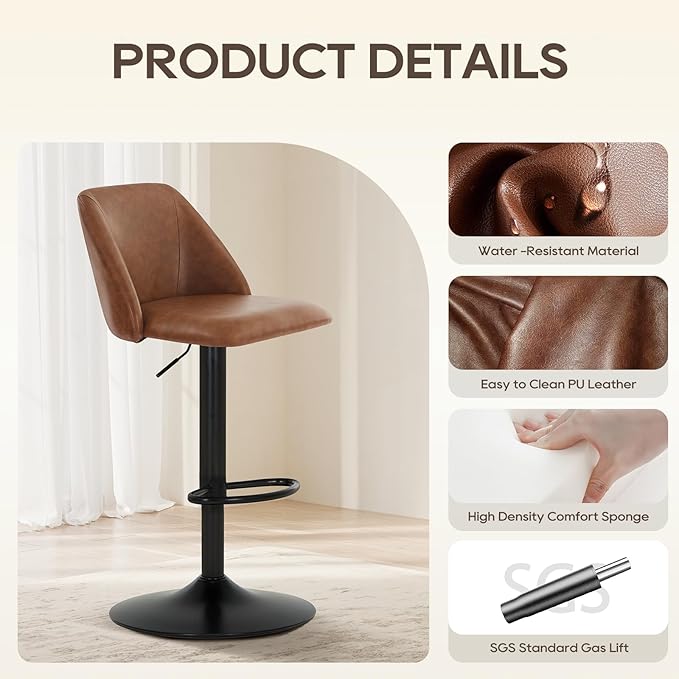 COLAMY Bar Stools Set of 6, Modern Swivel Bar Chairs, Adjustable PU Leather - Image 5