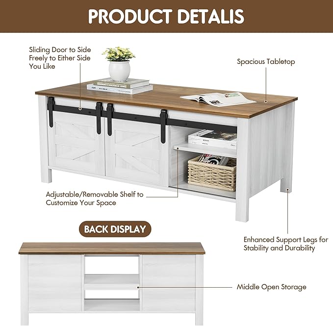 YESHOMY Coffee Table with Sliding Barn Doors & Storage, Wooden Center - Image 5