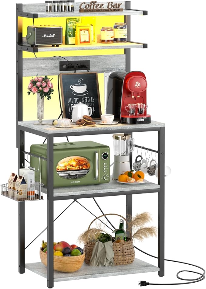 Aheaplus Bakers Rack with Power Outlet, Microwave Stand, 5 Tiers Coffee Bar - Image 2