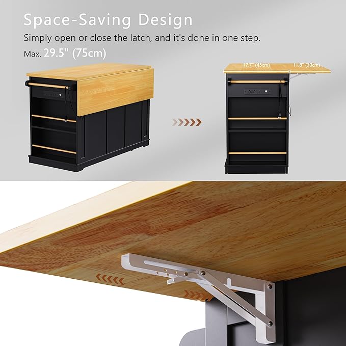 53" Large Kitchen Island with Drop Leaf, Power Outlet & Door Internal Storage - Image 6