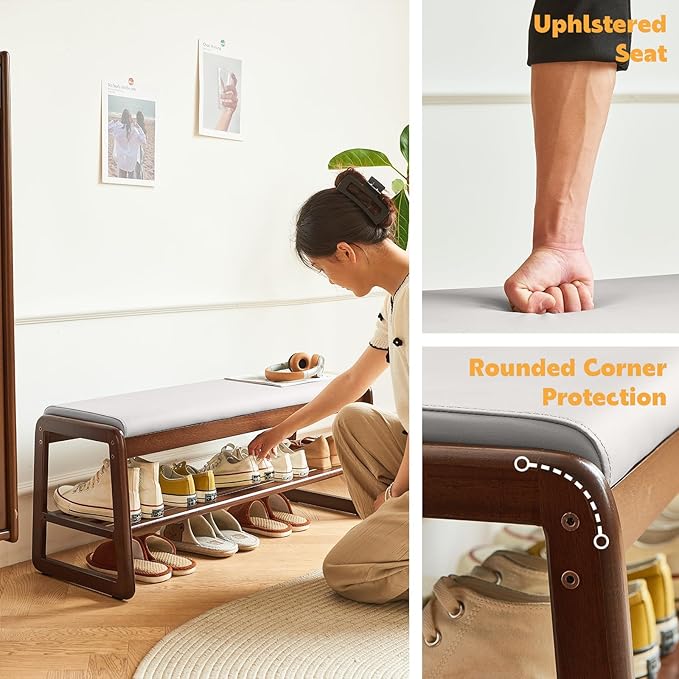Solid Wood Shoe Bench, 2-Tier Wooden Storage Entryway Bench, Mid-Century Modern - Image 4