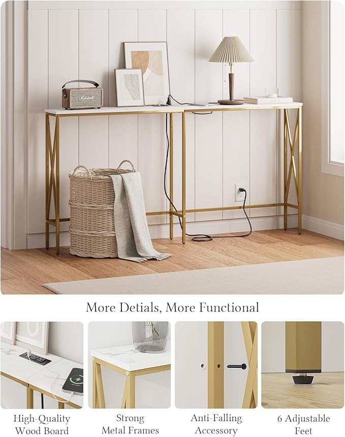 Masupu 63" Console Table with Power Outlet, Modern Narrow Long Sofa Table - Image 5