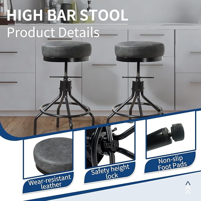 Grey Swivel Bar Stools Set of 2 Adjustable Swivel Round Barstools Modern PU - Image 6
