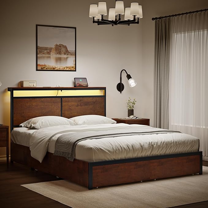 Queen Bed Frame with Storage Headboard and 4 Drawers Bed Frame Queen Size with - Image 6