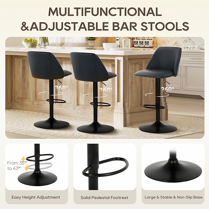 COLAMY Bar Stools Set of 6, Modern Swivel Bar Chairs, Adjustable PU Leather - Image 4