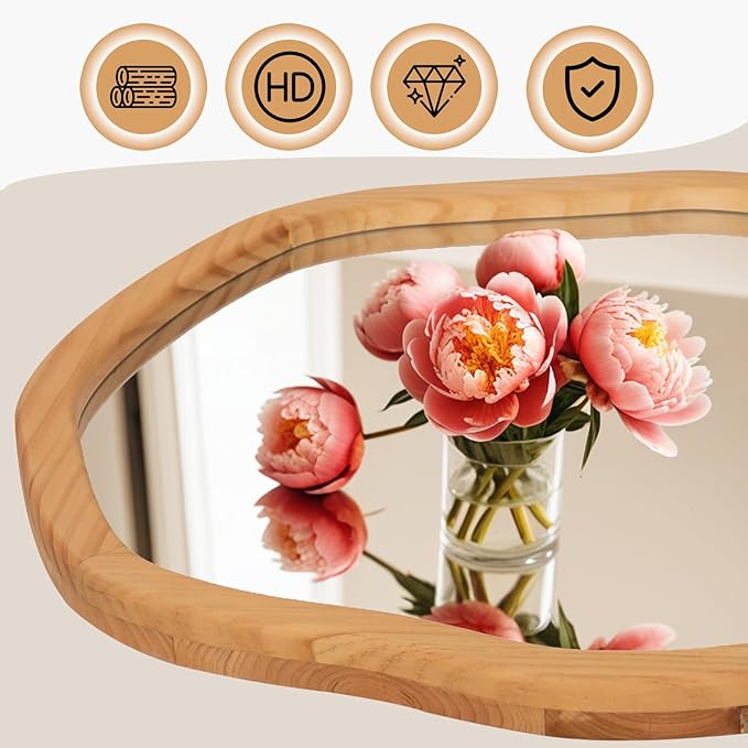ULIKE Round Wood Mirror 24 Inch Circle Wall Mirror, Asymmetrical Bathroom - Image 5