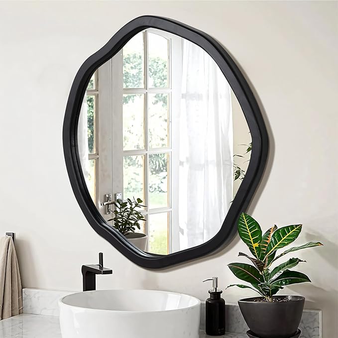 ULIKE Round Wood Mirror 24 Inch Circle Wall Mirror, Asymmetrical Bathroom - Image 7