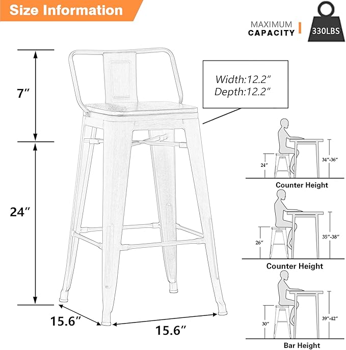 Yongchuang 24" Industrial Metal Barstools Set of 4 Counter Height Bar Stools - Image 3