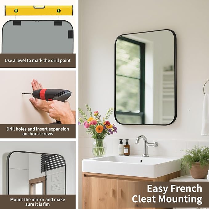 Black Bathroom Mirror, 24x36 Inch Aluminum Frame Rectangle Mirror, Tempered - Image 6