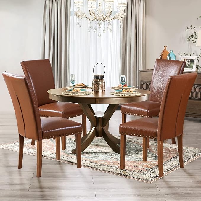 Parsons Dining Chairs Set of 6, Upholstered Nailhead PU Leather Dining Room - Image 4