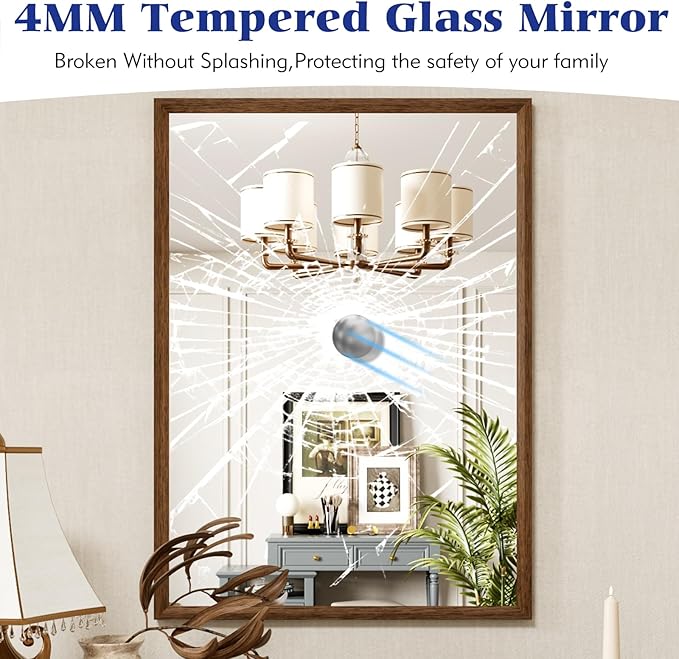 Rectangle Walnut Bathroom Mirror 40x30 Inch, Anti-Rust 4MM Tempered Glass - Image 5