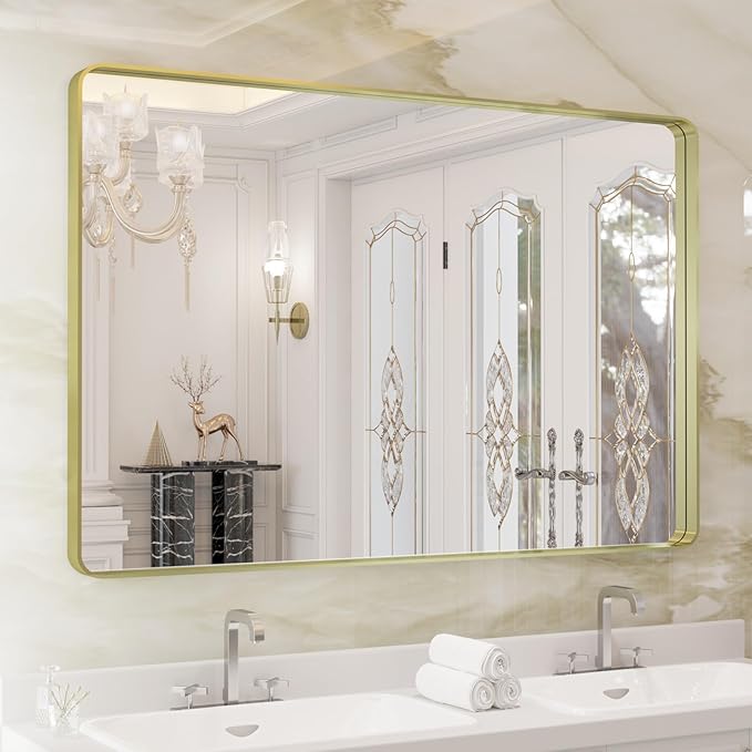 WEER Gold Bathroom Mirror, 48X32 Inch Brushed Gold Metal Frame Mirror, Rounded by WEER